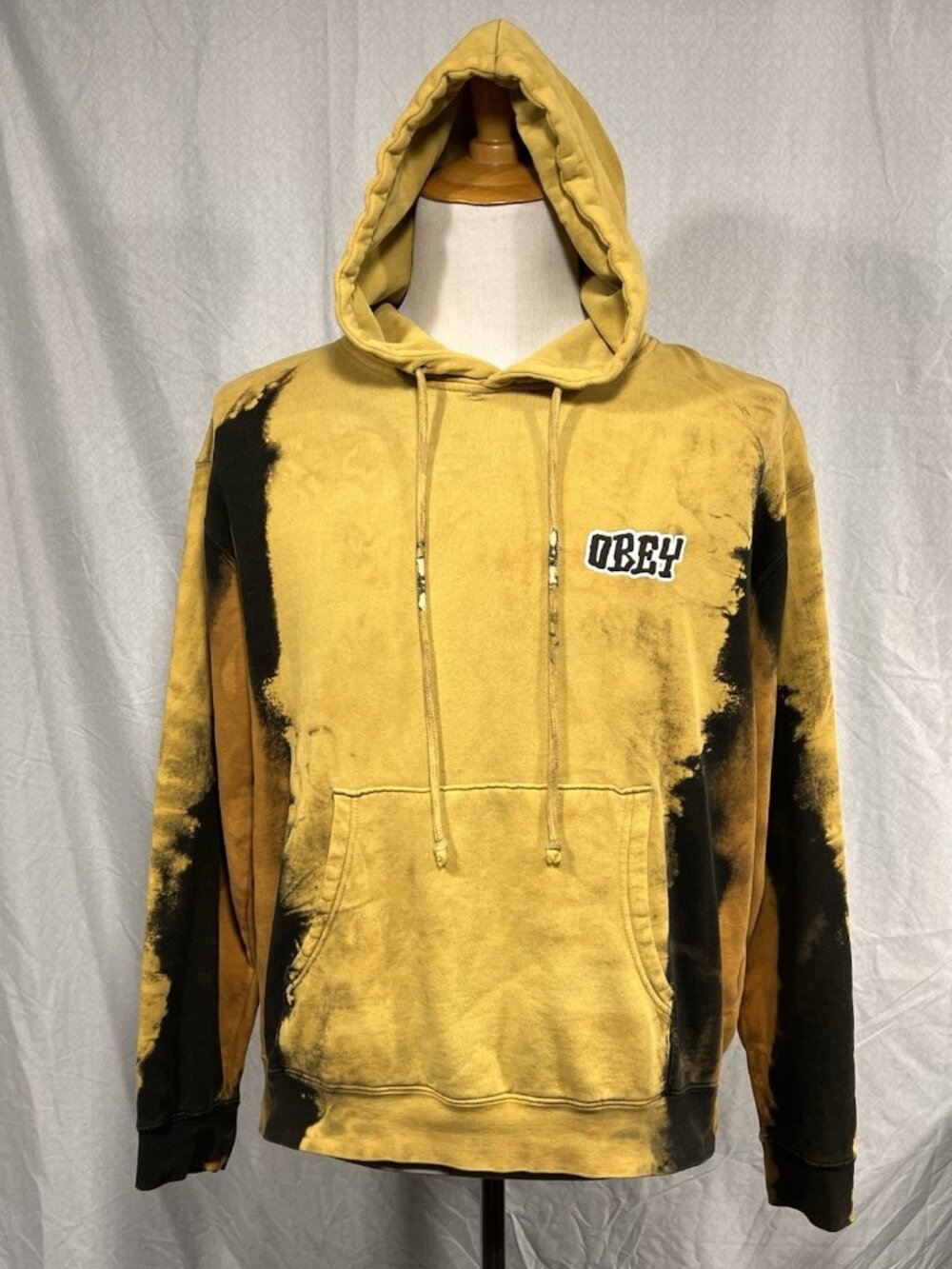 Obey Bleach Dye Hoodie Mens Medium Yellow Black Pullover Streetwear